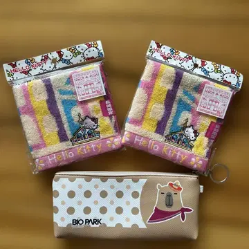 나가사키 한정판 HELLO KITTY 미니 타월 2개와 바이오파크 파우치