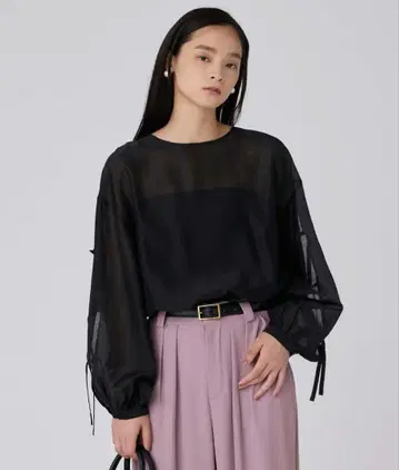 fifth 블랙 비침 볼륨 슬리브 셔츠