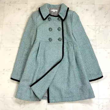 크랜프리 트위드 코트 그린 귀여운 트리밍 플리츠 절개 M