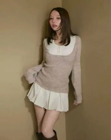 andmary Demi 레이어드 미니 드레스 베이지