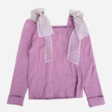 트란테안 손 드 모드 어깨 오간자 리본 니트탑 핑크