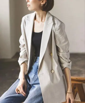 Noble 린넨 스트레치 피크 라펠 더블 자켓