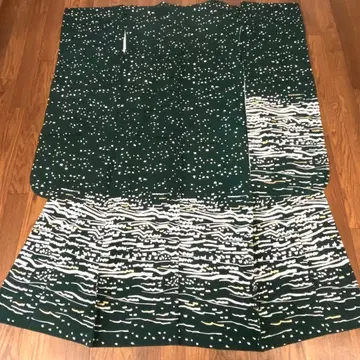 순수 실크 후리소데 짙은 녹색 파도 무늬 금채