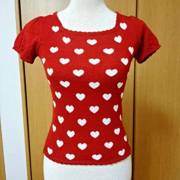 택 포함 새상품 백리본 하트 무늬 도트 니트 반팔 상의