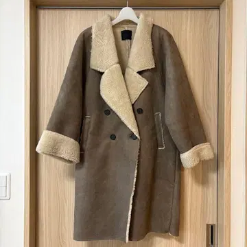 KBF 더블 브레스트 페이크 무스탕 롱 코트 브라운