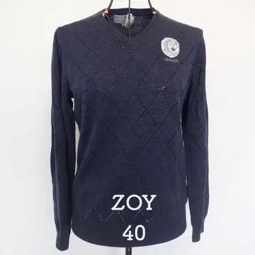 조이 니트 네이비 V넥 사선 격자 편직 니트 여성용 40