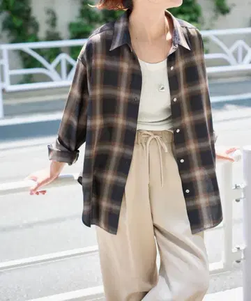 메탈 버튼 TR 체크 루즈 셔츠 브라운 체크 셔츠