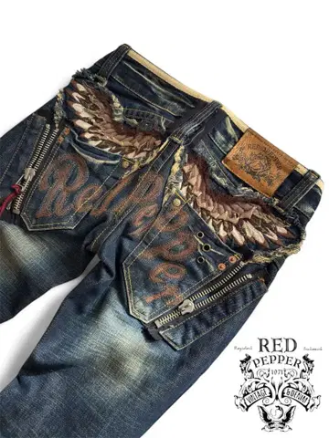 [레어] RED PEPPER 플레어 데님 깃털 자수 하의 M