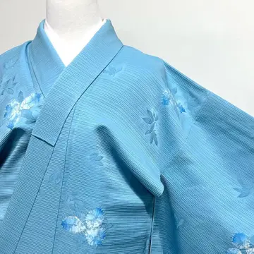 코몬 시보리 꽃 무늬 리프 라이트 블루 가로줄 기모노 036k