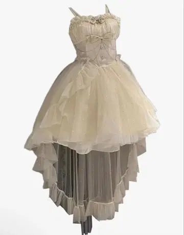 아이보리 튤 하이 로우 헴 드레스