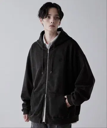 [CLEL] 헤비 웨이트 로고 자수 풀 집업 후드티 빈티지 블랙 S