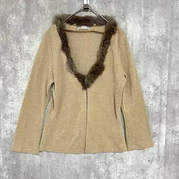 ZAZIE 퍼 포함 울 라메 니트 가디건 세레모니 고급