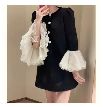 프릴 소매 블랙 미니 원피스 파티 드레스