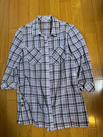 레리안 퍼플 체크 무늬 오부 소매 셔츠