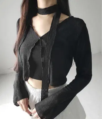 me+em select 초커 롱 타이 포함 숏 시어 가디건