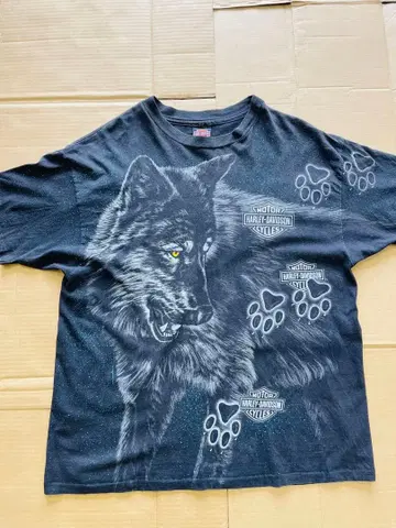 레어 90s 빈티지 할리데이비슨 울프 발자국 올 패턴 티셔츠