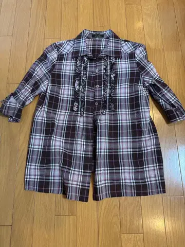 레리안 브라운과 보라색 체크 무늬 오부 소매 셔츠 M 사이즈