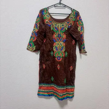 에스닉 자수 튜닉 7부 소매 원피스