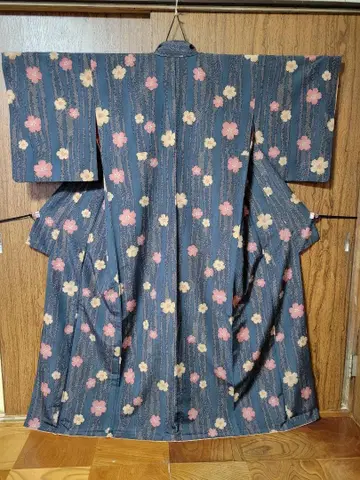 남색 나데시코 패턴 레이어드 카라 워셔블 기모노