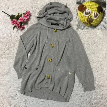 메르시보쿠 니트 후드티 가디건 귀 그레이 버튼 곰 L 3