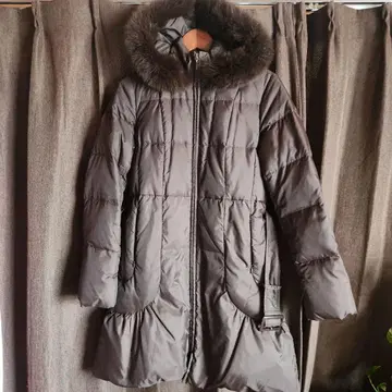 아나이 브라운 후드 부착 롱 다운 자켓