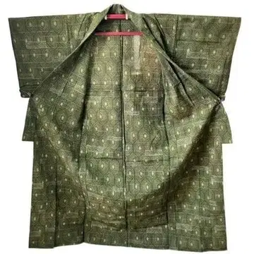 코몬 여름 기모노 린넨 단의 그린 계열 기하학 패턴 새상품급