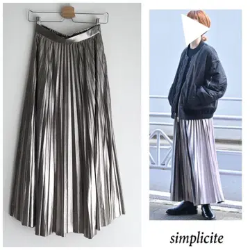 심플리시떼 맥시 길이 실버 샤이니 롱 플리츠 스커트