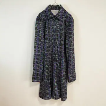 셔츠 원피스 L 퍼플 계열 기하학 체크 무늬 레트로 긴팔 일본제
