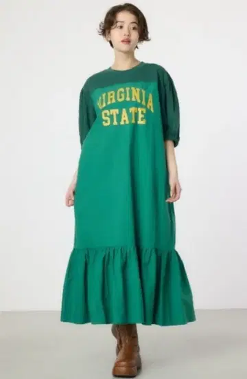 칼리지 절개 퍼프 쓰리 원피스 다크 그린