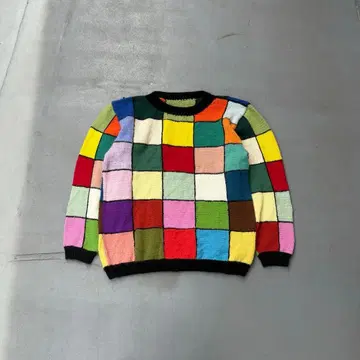 90s 빈티지 블록 체크 올 패턴 울 니트 스웨터 컬러풀