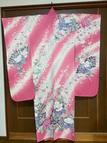 [ 후리소데 세트 ] 핑크 꽃무늬 퍼 포함