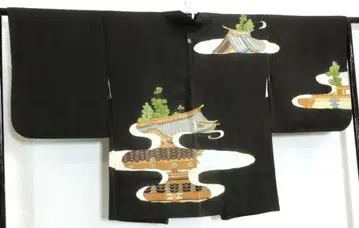 순수 실크 흑색 그림 겉옷 닛코 도쇼구 손 그림 유젠 일문