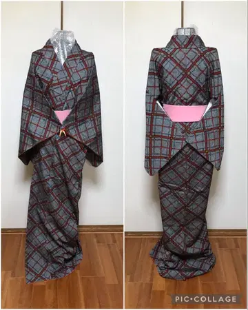 솔기 포함!! 빨간 마름모 아가일 그레이 데님풍 이중 기모노