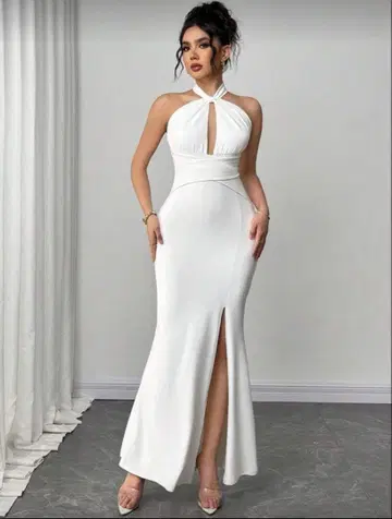 화이트 하이넥 슬릿 드레스