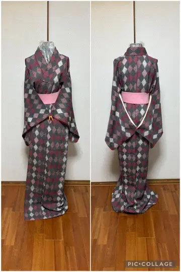 그레이 화이트 3색 핑크 마름모 무늬 아가일 이중 기모노