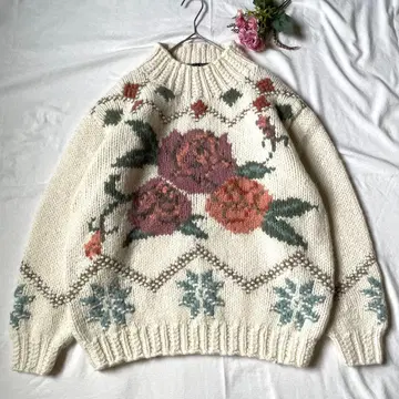 네세서리 핸드메이드 니트 모 100% 꽃무늬 하이넥 이탈리아제