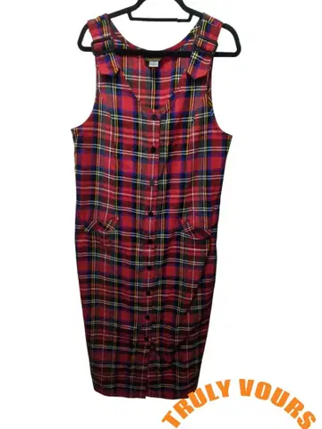 레드 계열 체크 슬리브리스 롱 원피스
