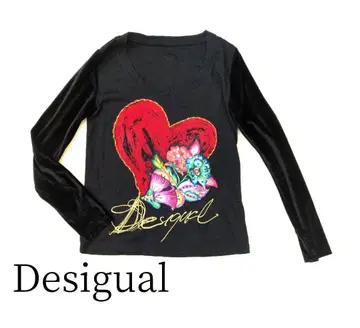 데시구알 하트 모티브 티셔츠 소매 벨로아 로고 자수 골드 L 사이즈