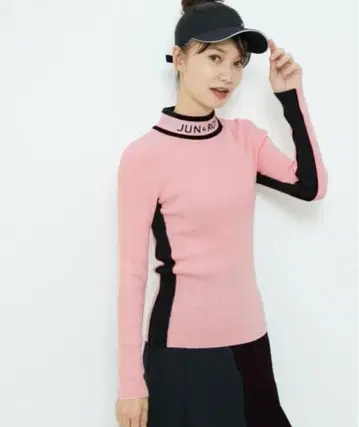 새상품 준&로페 모크넥 리브 스웨터 핑크 x 블랙