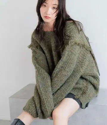 로리즈팜 2WAY 프린지 멜란지 LS 니트 그린 카키