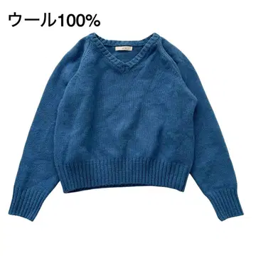 oro 오로 울 100% V넥 긴팔 니트 한국 블루 M