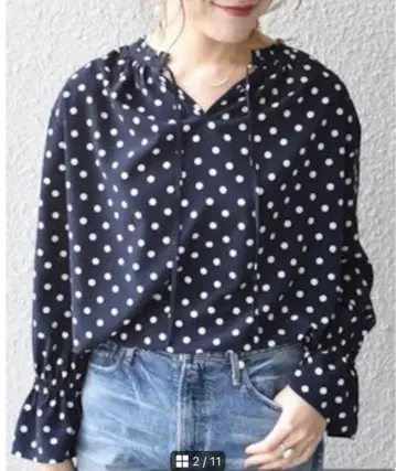 쉽스 도트 프릴 넥 2WAY 블라우스 네이비 리본 SHIPS