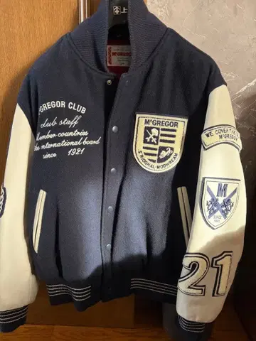 M'GREGOR 바시티 자켓 M 사이즈 네이비/화이트 소매 천연 가죽