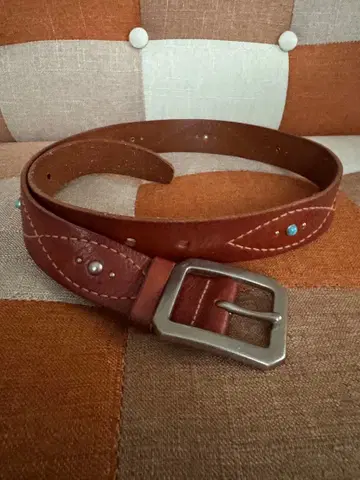 가죽 벨트 브라운 파란 스톤 부착