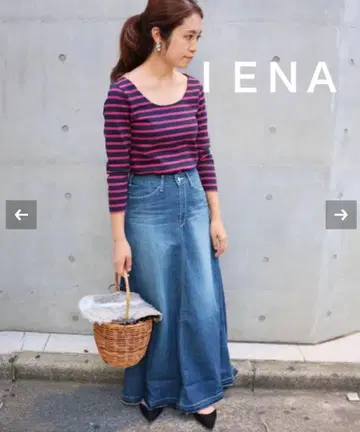 IENA 네이비/핑크 스트라이프 7부 소매 T셔츠