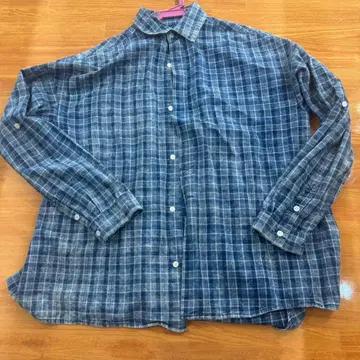 블루 계열 체크 무늬 코튼 긴팔 셔츠