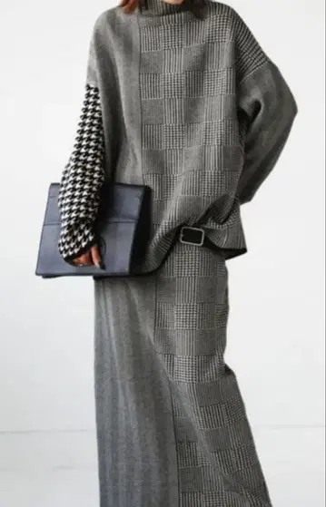 새상품 antiqua 하운드투스 체크 패턴 니트 x 스커트 셋업 안티카