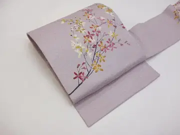 새상품급 중고 손그림 유젠 나고야 오비 꽃 무늬 연보라 N71105-11