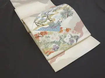 새상품급 중고 특선 후쿠로 오비 지면에 꽃 무늬 크림색 N71105-8