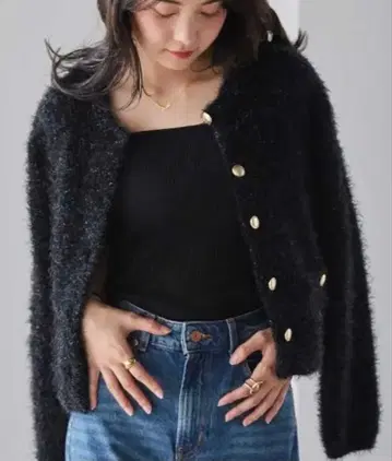 RANAN 골드 버튼 라메 샤기 가디건